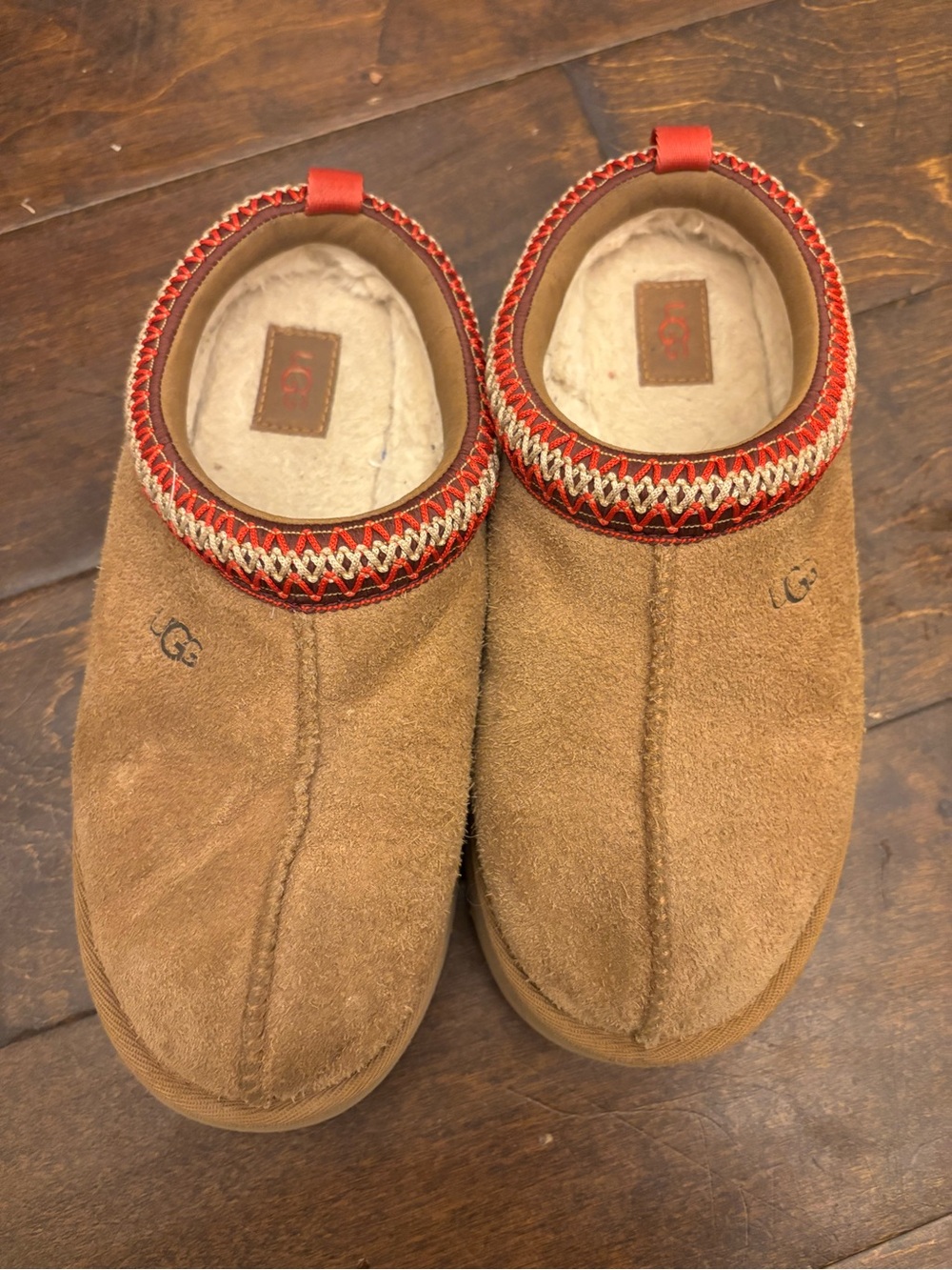 UGG Brown Suede Slip-On Slippers with Red Accent